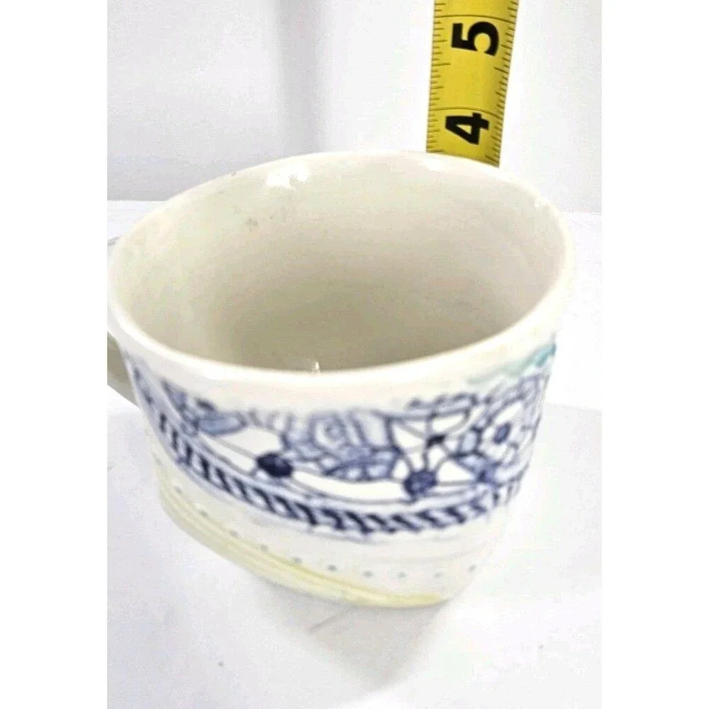 Studio Art Pottery Slab Built Coffee Tea Mug Abstract Floral Blue Green White Lg